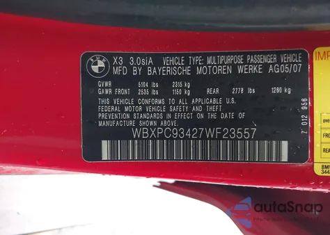 2007 BMW X3 3.0Si from USA, damaged, VIN WBXPC93427WF23557